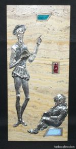 Arte: Figuras de Don Quijote y Sancho Panza en plata de ley y esmaltes sobre mármol